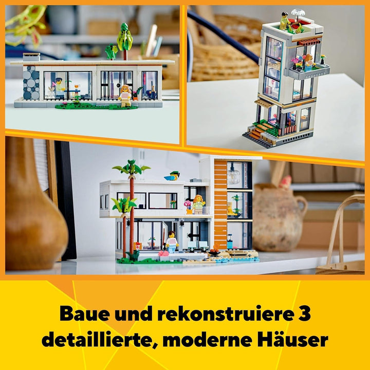 LEGO Creator Modern House, set 3 în 1 pentru a converti într-o casă de oraș sau o cabană în pădure, model de casă, idee de cadou pentru băieți și fete de la 9 ani, jucărie educativă 31153