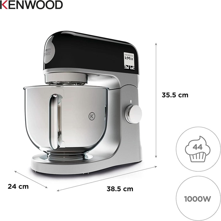 Kenwood Kmix KMX750BK Küchenmaschine, 5 L Edelstahl Schüssel, Safe-Use-Sicherheitssystem, Metallgehäuse, 1000 Watt, Inkl. 3-Teiligem Patisserie-Set Und Spritzschutz, Schwarz, 240X385X355