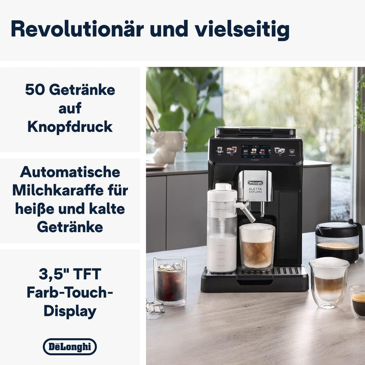 De'Longhi Eletta Explore Cold Brew ECAM452.67.G Espressor complet automat cu sistem Latte Crema Milk, băuturi calde și reci prin simpla apăsare a unui buton, ecran tactil color TFT de 3,5 inci, include cafetieră, gri închis