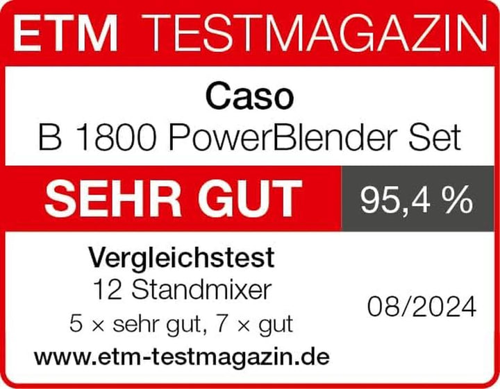 CASO B 1800 Powerblender-Set - Standmixer, 28.000 U/Min, Glasbehälter 1,75 L, Inkl. Trinkflasche Und Zerkleiner, Mixer Testsieger Mit Sehr Gut, Edelstahl