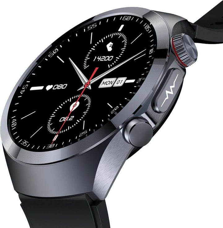 PRO 3 Plus rotund (2025), ceas de sănătate smartwatch cu funcție de telefonie, ECG toracic plus HRV și funcție SOS, ecran AMOLED- BT Bluetooth, apnee de somn, curea de silicon negru, 14-24