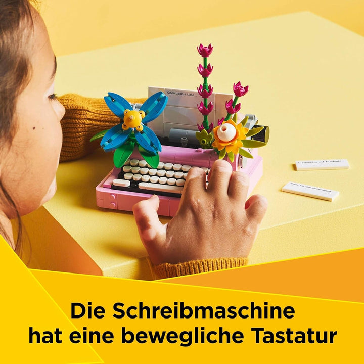 LEGO Creator 3In1 Mașină de scris cu flori - jucărie convertibilă într-un model Keytar sau într-un ghiveci de flori cu blocnotes și stilou - set de construcție - cadou pentru fete și băieți de la 8 ani 31169