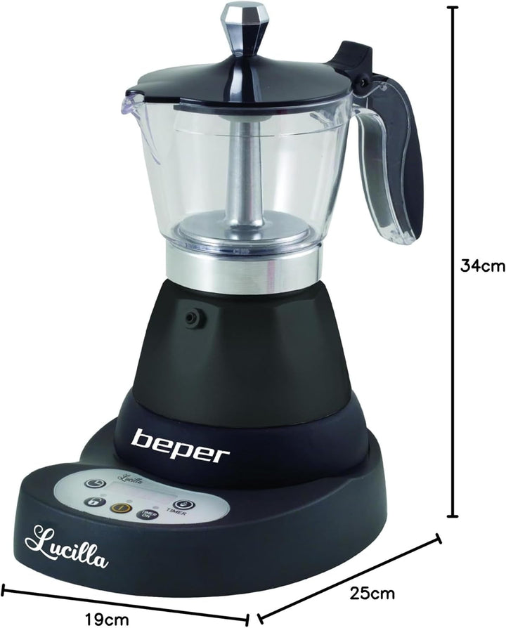 BEPER BC.041N Cafetiera electrică Lucilla - Espresso Maker pentru 3 cești cu timer programabil până la 24 de ore în avans - cafea fierbinte timp de 30 de minute, negru