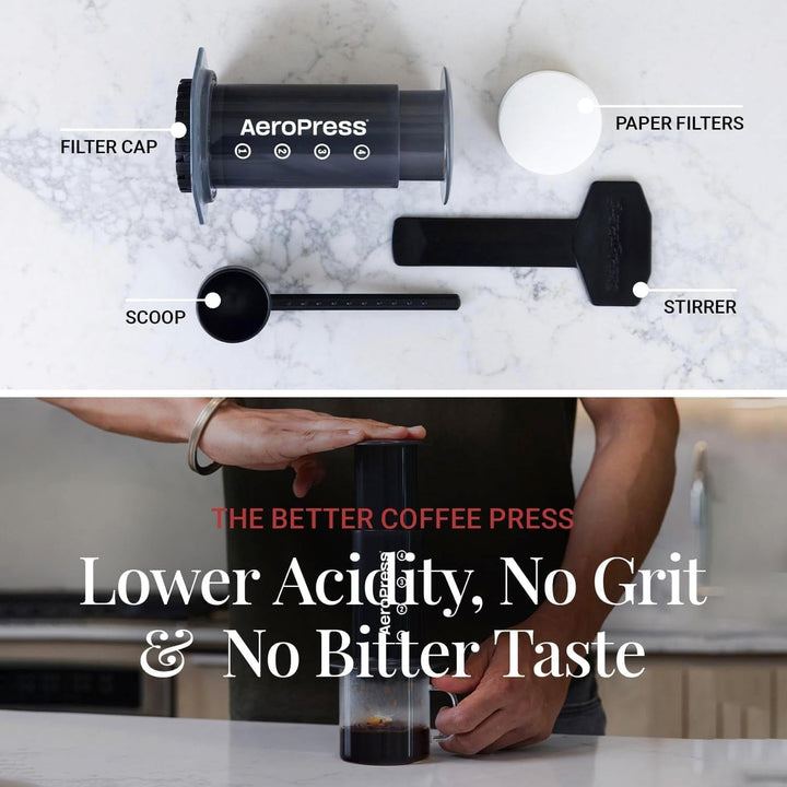 Aparat de cafea și espresso Aeropress Original, aparat de cafea portabil de calitate barista cu cameră, piston și filtre, aparat de cafea și espresso rapid