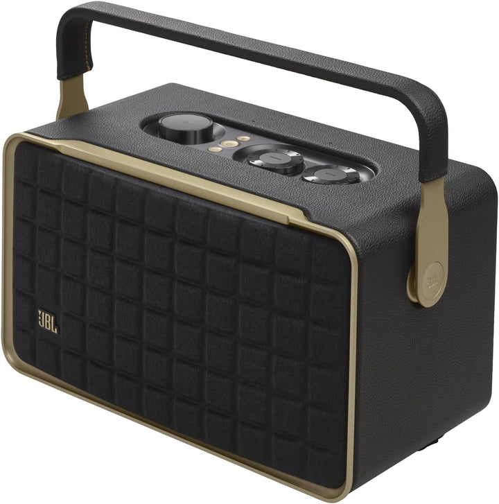 JBL Authentics 200 Smart Home Speaker - Difuzor Bluetooth cu design retro din anii '70 - Cu grilă Quadrex, Google Assistant, Alexa, Airplay și JBL One App - Negru