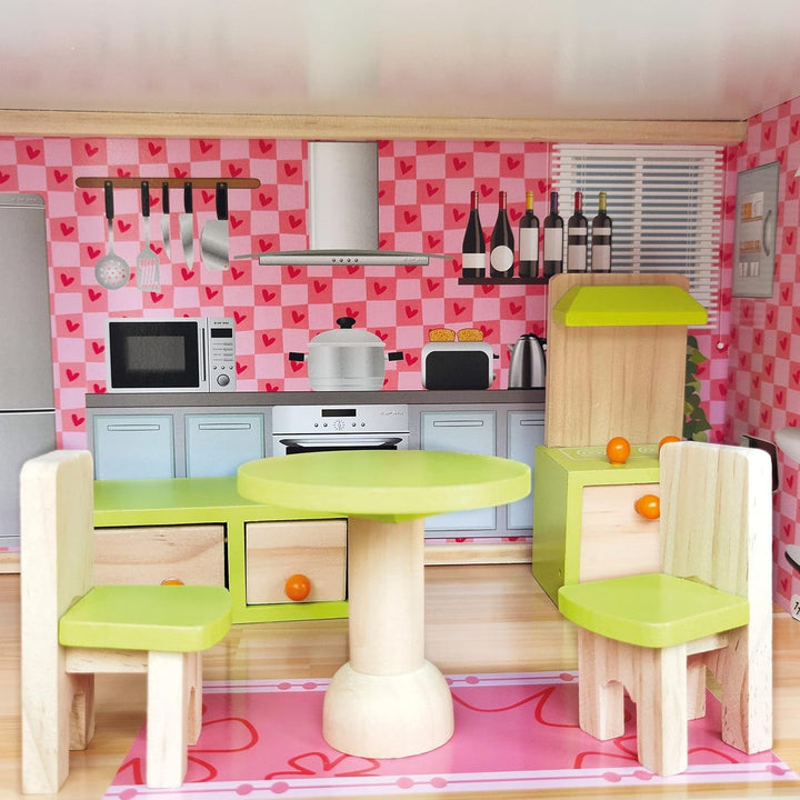 Bino World of Toys Casă de păpuși cu balcon, Jucărie pentru copii mici de la 3 ani, cu 3 etaje, scări, 4 camere și balcon incl. 15-TLG. Accesorii, Pentru a promova abilitățile copiilor, Design roz