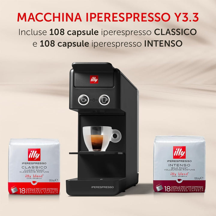 Aparat de cafea Illy Y3.3 Hyperespresso negru Cu 216 capsule Hyperespresso (108 capsule Hyperespesso Classic și 108 capsule Hyperespesso INTENSO)