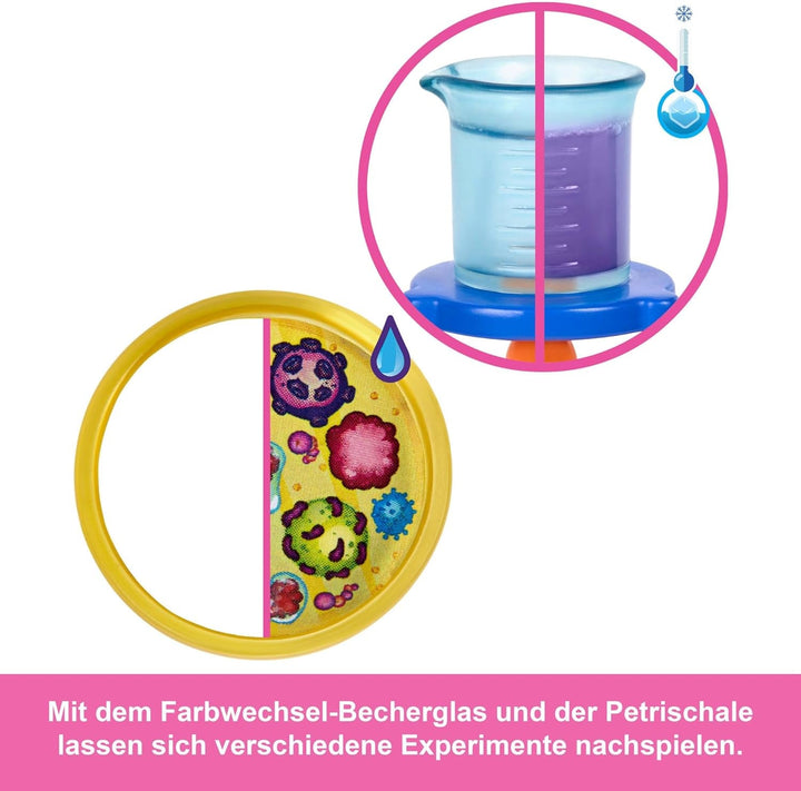 Barbie păpușă om de știință și accesorii cu păpușă blondă la modă, masă de laborator, microscop, caser cu schimbare de culoare și vas Petri, JCR70