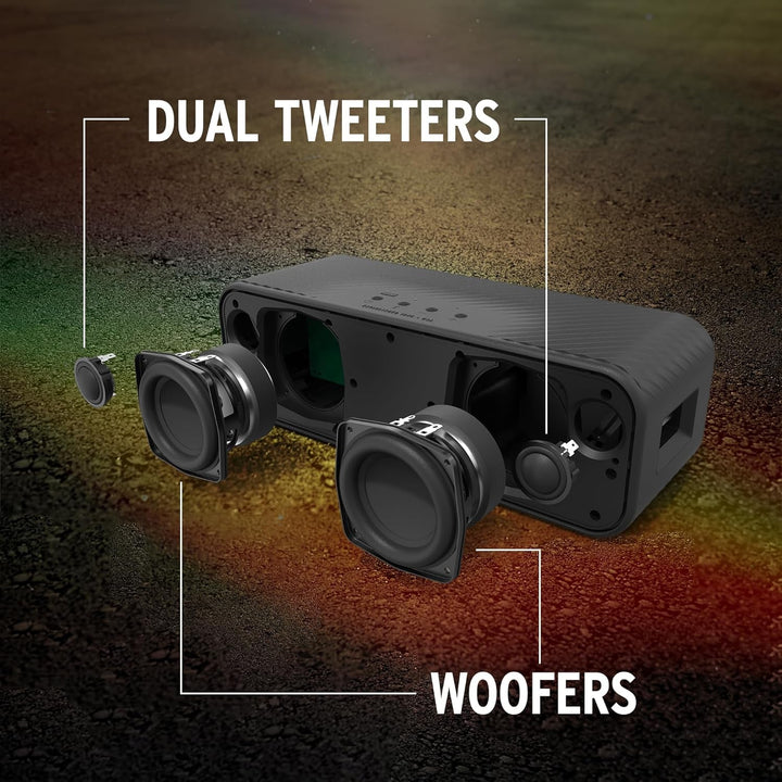 Klipsch Detroit, Difuzor Bluetooth portabil cu două tweeter-uri de 2,5 cm, woofers de 7,6 cm, rezistent la apă IP67 și baterie cu autonomie de 20 de ore. Experiență de concert live. Culoare: negru.