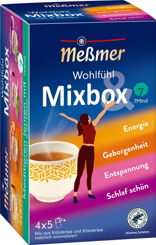 Meßmer Wohlfühltee Mixbox | 20 pliculețe de ceai | 5X Energie | 5X Siguranță | 5X Relaxare | 5X Somn bun | Un mix de ceaiuri din plante din gama Meßmer Wohlfühl
