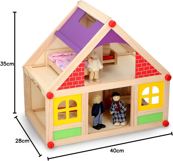 Marionette Wooden Toys - Casă de păpuși din lemn cu mobilier și păpuși - 11 bucăți
