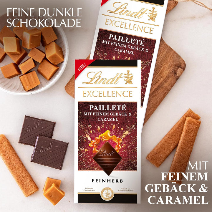 Lindt EXCELLENCE Pailleté Gebäckstückchen & Caramel - Feinherbe Schokolade | 100G Tafel | Mit Knusprigen Gebäckstückchen Und Cramel | Intensiver Kakao-Geschmack | Dunkle Schokolade