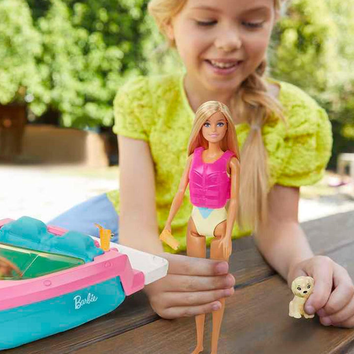Barbie Speedboat Set, păpușă Barbie cu păr blond, vestă de salvare roz, barcă, cățel, accesorii, cadouri pentru copii cu vârsta peste 3 ani, Grg30
