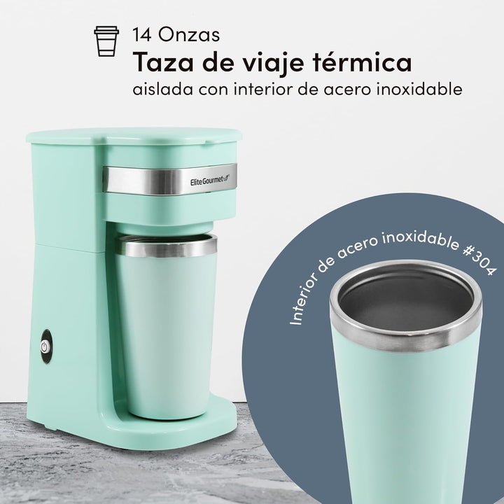 Elite Gourmet EHC113M# Cafetieră cu filtru cu porție unică, compactă, personală, cu cană de călătorie termo din oțel inoxidabil în interior, pentru cafea măcinată, filtru reutilizabil, verde mentă, 400 ml