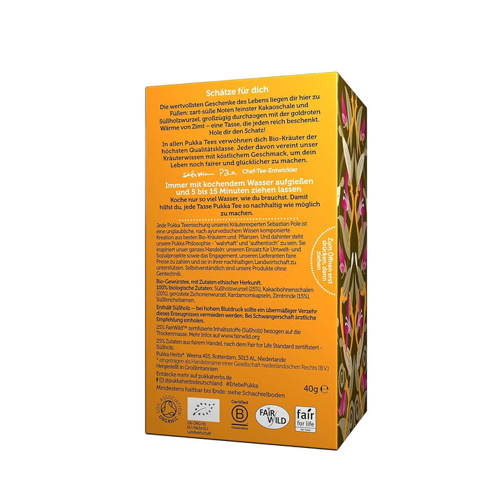 Set de ceai Pukka, ceai cu condimente bio „Cacao Chai”, cacao, scorțișoară, cardamom, rădăcină de cicoare, pentru momente de relaxare, pachet de 4, 80 pliculețe de ceai