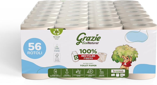 Hârtie igienică Grazie Natural, Econatural, 56 role, hârtie igienică reciclată Fibrepack, 100% ecologică, prietenoasă cu mediul, certificată cu etichetă ecologică și reciclată FSC, fabricată în Italia