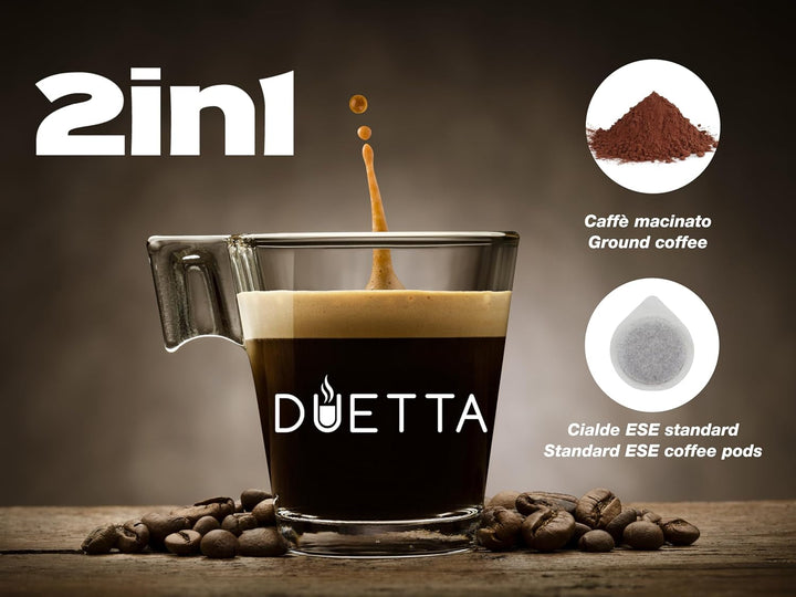 Beper P101CAF100 Duetta Espresso Coffee Maker, 1100W, compatibil cu poduri și cafea pudră, cafetieră cu braț dublu, 15 bar, încălzitor de cești, cupă de măsurare și presă incluse, negru