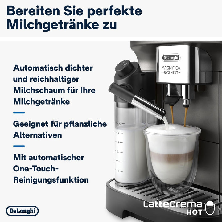 De'Longhi Magnifica Evo Next ECAM312.80.TB, aparat de cafea complet automat cu 13 băuturi (cappuccino, espresso, latte macchiato), ecran color TFT de 2,4'', sistem latte crema lapte, funcție 2 căni, titan