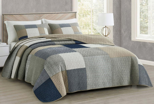 Chezmoi Collection Addy Patchwork Quilt Set bumbac pre-spălat, ușor, reversibil, pentru toate anotimpurile, supradimensionat, 3 piese, albastru marin, alb, gri, taupe, în carouri