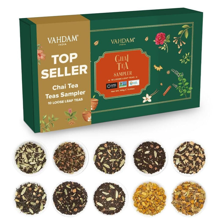 VAHDAM, set cadou cu sortimente de ceai - set de 10 ceaiuri | Ingrediente 100% naturale | Set cadou cu ceai vrac | Ceai negru, ceai verde, ceai Oolong, ceai Chai, ceai alb | Ceai vrac | Set cadou cu set de ceaiuri de probă