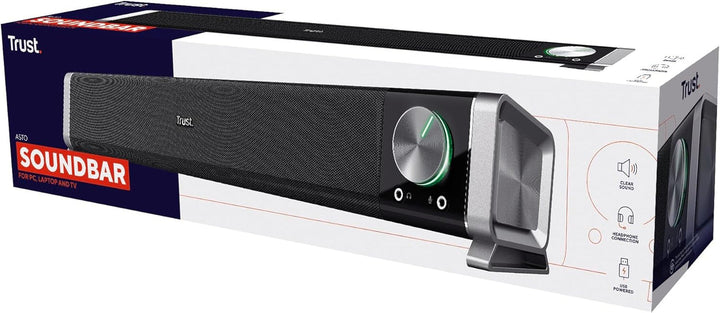 Trust Asto Soundbar 12 W Spitzenleistung (6 W RMS), PC Lautsprecher, USB Betrieb, 3,5 Mm AUX Anschluss, Stereo Soundsystem, Computer Boxen Für PC, Laptop, Monitor, TV, Musik, Audio - Schwarz