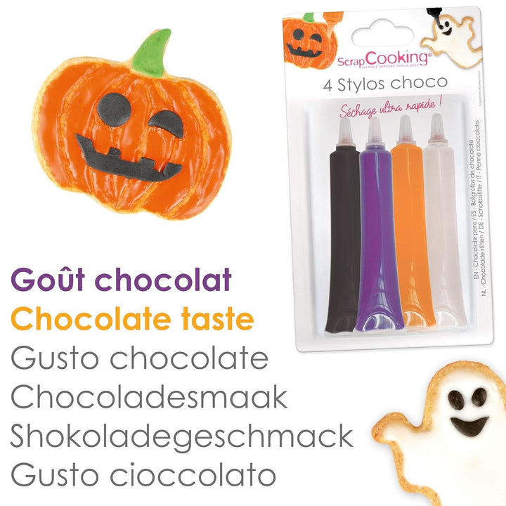 Scrapcooking - Set de 4 stilouri de ciocolată de Halloween - negru, portocaliu, violet și alb, scrieți și desenați pe deserturi, prăjituri și biscuiți