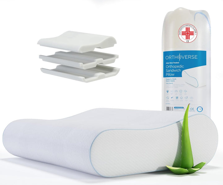 ORTHOVERSE pernă ortopedică - pernă de susținere a gâtului, pernă de dormit, pernă, pernă din spumă cu memorie, pernă, pernă pentru dureri de gât - înălțime reglabilă, acoperire aloe vera, ajutor medical