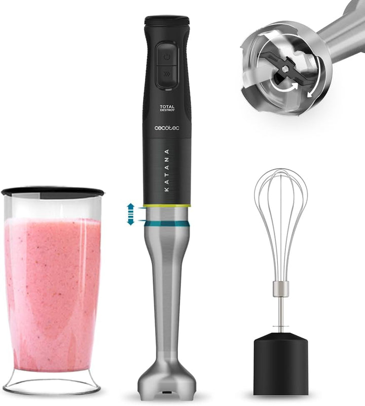 Cecotec Handmixer Katana 15 Totaldestroy Smash B. 1500 W, Total Destroy, Perreomove, 21 Geschwindigkeiten, Turbo-Funktion, Spritzschutzhaube, 8 Titan-Klingen, 800Ml Becher