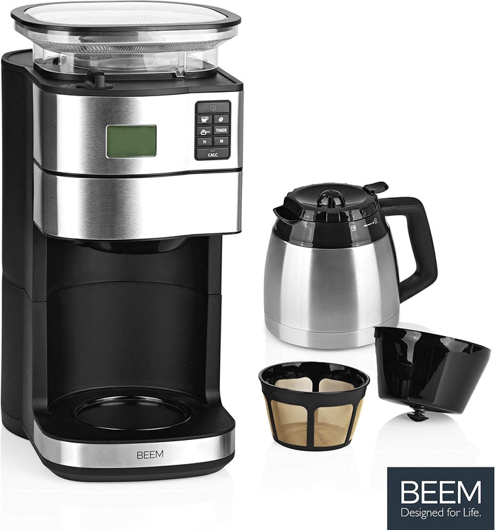 BEEM FRESH-AROMA-PERFECT II Cafetieră cu filtru și râșniță - Termo | Oțel inoxidabil | Ulcior termo | Cronometru 24 ore | 1000 W | Recipient pentru boabe 180 G
