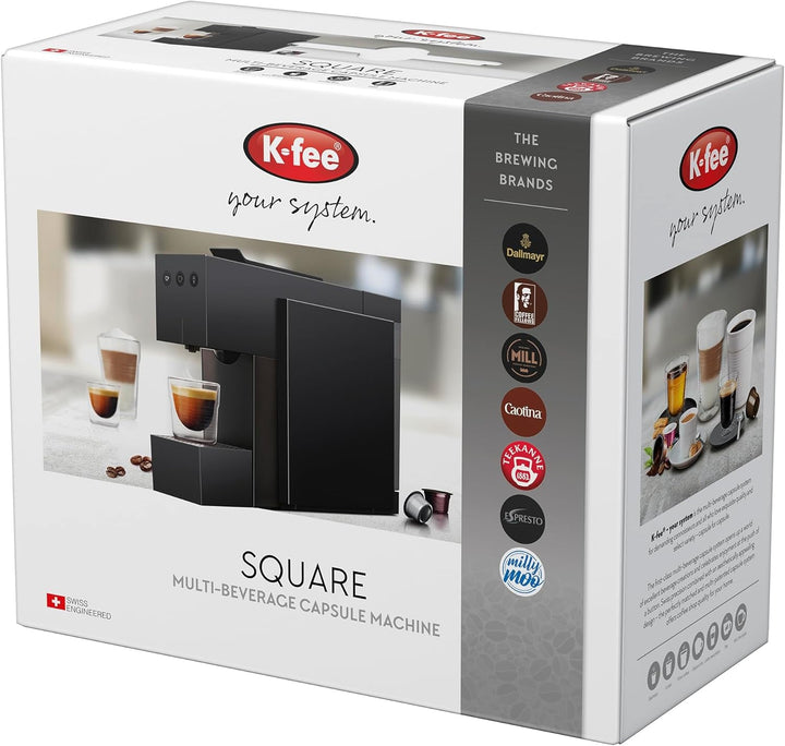 Aparat de capsule K-Fee SQUARE pentru cafea, ceai și cacao | Aparat de cafea compact | Încălzire rapidă | Rezervor de apă de 0,8 litri | 19 bar | Piano Black