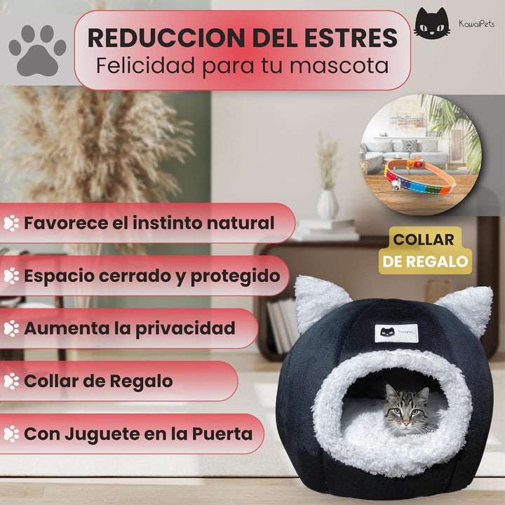 Pat pentru pisică, căsuță pentru pisici, pat pentru câini mici, peșteră pentru pisici, colibă pentru pisici cu pernă interioară detașabilă, căptușită, lavabilă, minge pentru agățat, cu zgardă multicoloră cadou.