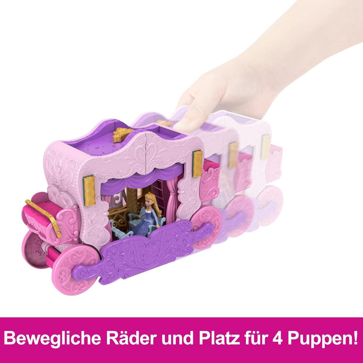 Mattel Disney Princess Transforming Playset Carriage to Castle With Little Aurora Doll, 3 nivele, 6 zone de joc, 4 figuri, mobilier și accesorii HWX17