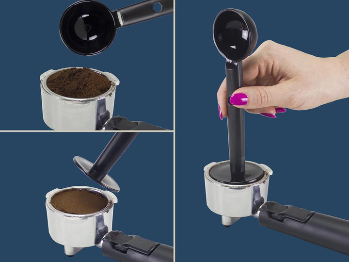 Beper P101CAF100 Duetta Espresso Coffee Maker, 1100W, compatibil cu poduri și cafea pudră, cafetieră cu braț dublu, 15 bar, încălzitor de cești, cupă de măsurare și presă incluse, negru