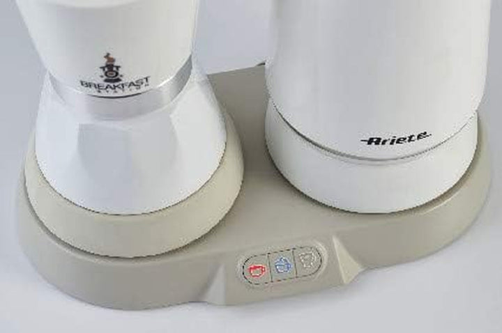Ariete 1344 Stație de mic dejun, 3 produse în 1: spumă de lapte Moka - caldă și rece, 500W, 4/2 cești, menține cafeaua caldă, 5 funcții, alb