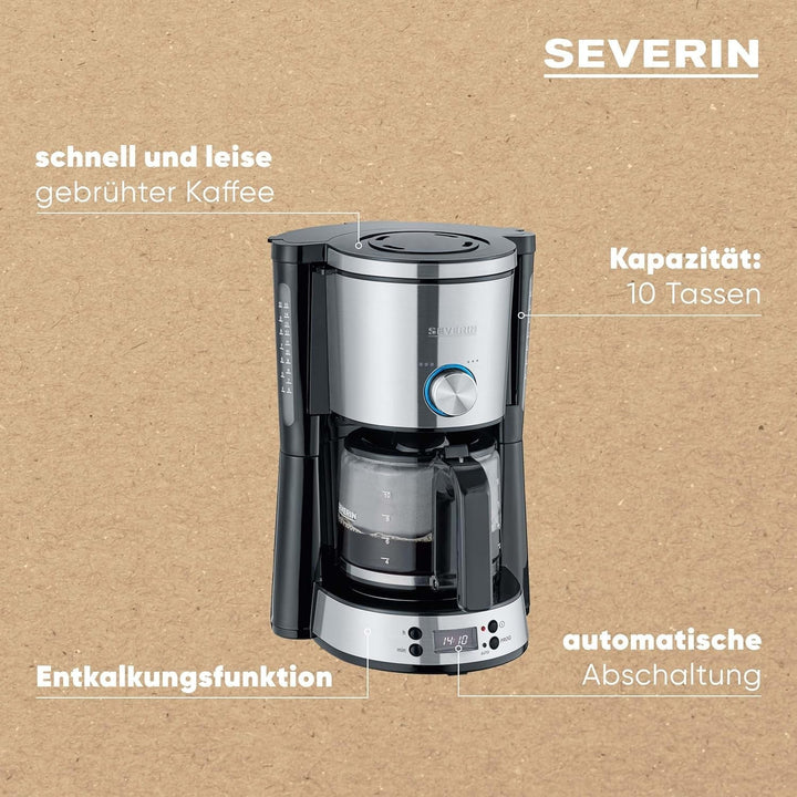 SEVERIN Cafetiera "Typeswitch" cu ulcior de sticlă și cronometru, comutator de aromă pentru alegerea a 2 opțiuni de preparare, ceas digital cu funcție de cronometru, pentru până la 10 cești, 1.000 W, oțel inoxidabil negru periat, KA 4826