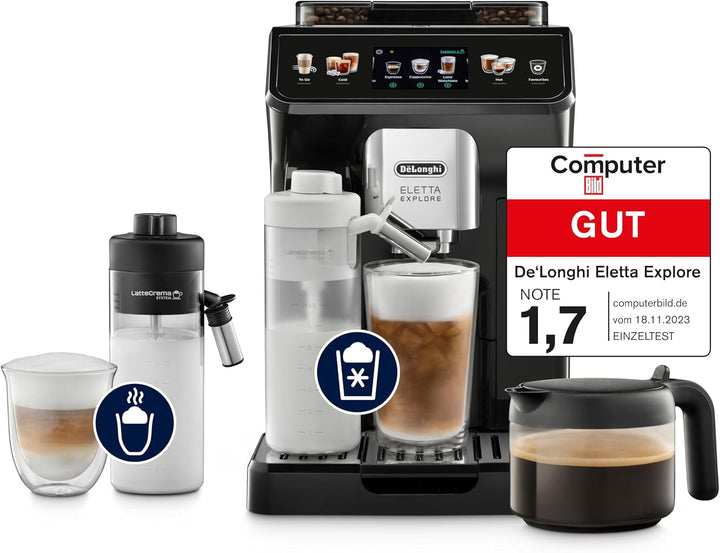 De'Longhi Eletta Explore Cold Brew ECAM452.67.G Espressor complet automat cu sistem Latte Crema Milk, băuturi calde și reci prin simpla apăsare a unui buton, ecran tactil color TFT de 3,5 inci, include cafetieră, gri închis