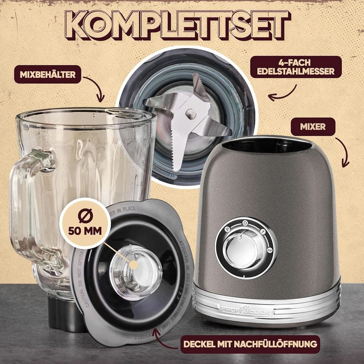 Proficook® Mixer Standmixer Mit Massivem 1,5L Glas-Behälter, Ice Crush & Turbo-Modus - Blender Mit 4Fach Piranha-Messer Aus Edelstahl - Hochleistungsmixer Mit Metallgehäuse 800W, PC UM 1195 Anthrazit