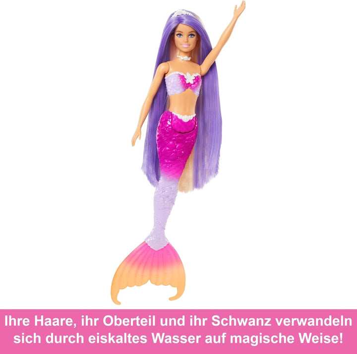 Păpușă sirenă BARBIE - inspirată din serialul TV "Barbie A Hidden Magic", cu efect de schimbare a culorilor și accesorii, păr roz lung de 19 cm pentru styling, pentru copii de la 3 ani, HRP97
