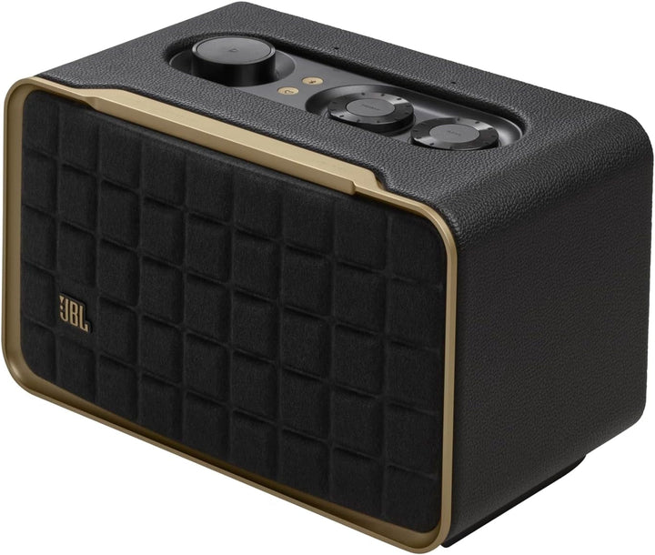 JBL Authentics 200 Smart Home Speaker - Difuzor Bluetooth cu design retro din anii '70 - Cu grilă Quadrex, Google Assistant, Alexa, Airplay și JBL One App - Negru