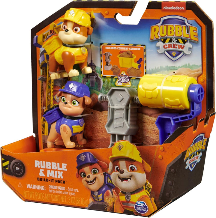 Rubble & Crew - Set de figurine de acțiune cu figurină Rubble & Mix, 2 jucării de construcție și 85G nisip cinetic de construcție, jucărie potrivită pentru copii de la 3 ani în sus