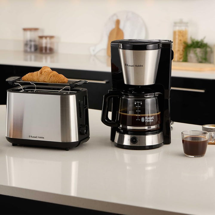 Cafetieră Russell Hobbs (filtru de cafea, ulcior de sticlă de 1,25L, 10 cești, funcție de menținere la cald 40 min., oprire prin picurare, oțel inoxidabil periat, funcție Brew-Now, lumină albastră) Heaton 27400-56