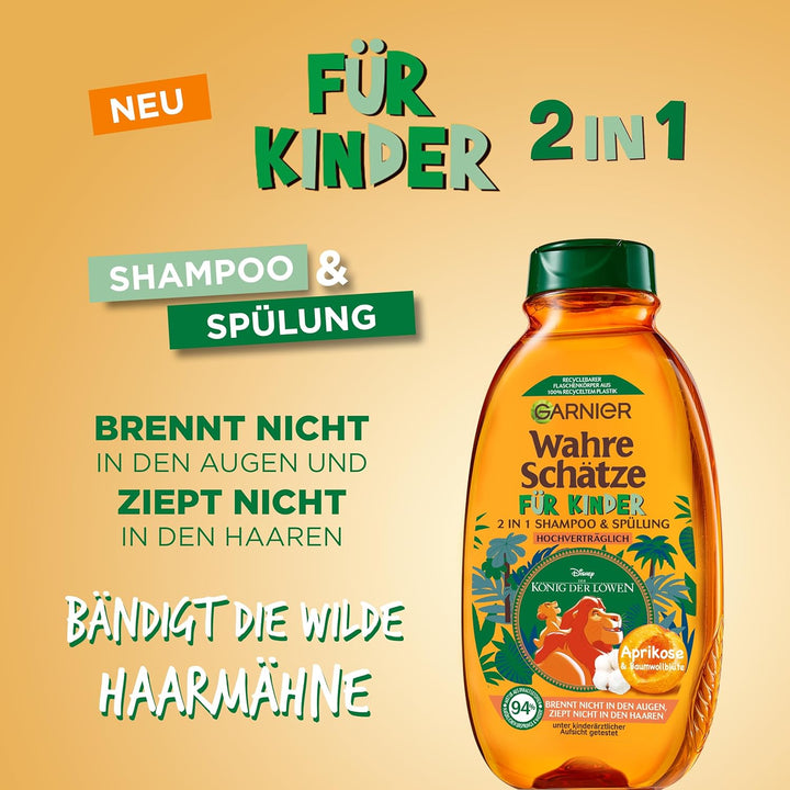 Garnier Shampoo Für Kinder, Mildes 2-In1 Pflegeshampoo Für Empfindliches Haar Und Leichte Kämmbarkeit, Mit Aprikose Und Baumwollblüte, Wahre Schätze Kids, 6 X 250 Ml