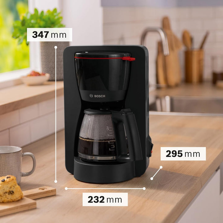 Espressor cu filtru Bosch Mymoment TKA2M113, carafă din sticlă de 1,25 l, capacitate 10-15 cești, funcție de menținere la cald timp de 40 de minute, sistem anti-picurare, suport pentru filtru rotativ, rezervor de apă detașabil, 1200 wați, negru mat