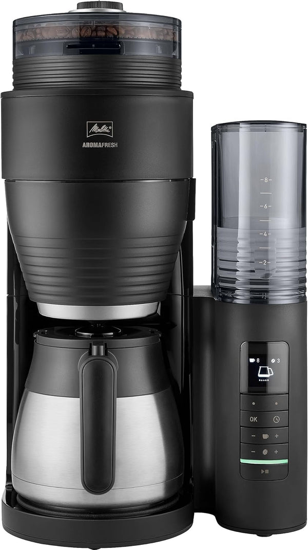 Melitta Aromafresh Therm Pro X - Espressor cu râșniță, espressor cu filtru și vas termic și rezervor de apă detașabil, pentru până la 8 cești de cafea, negru