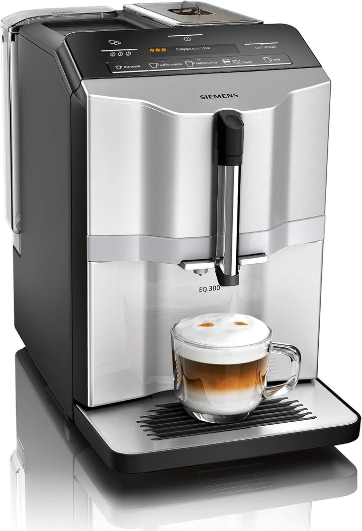 Aparat de cafea complet automat SIEMENS EQ300 TF303E07, Pentru multe specialități de cafea, spumă de lapte, râșniță ceramică, funcție Onetouch, 1300 W, Inox Silver Metallic