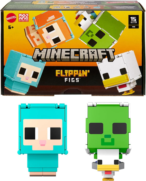 Mattel Minecraft Flippin' Figs Oaie și pui 2-Pack cu figuri de joacă 2-in-1, capete mari și design Pixel HXK17