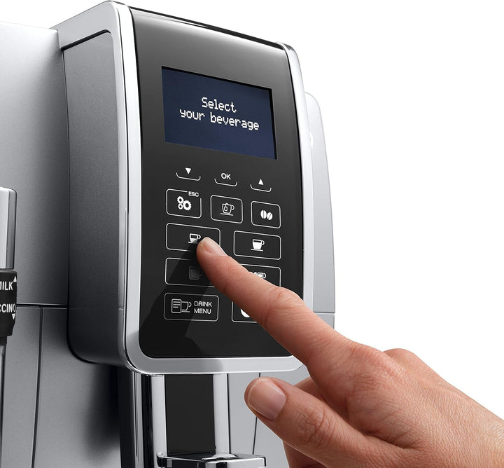 De'Longhi Dinamica ECAM 350.35.SB mașină de cafea complet automată cu spumă de lapte profesională pentru cappuccino, espresso, cafea și cafea lungă Butoane de selecție directă, afișaj digital cu text simplu, funcție pentru 2 cești, argintiu