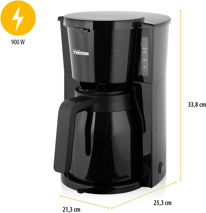 Cafetieră Tristar, termos de 1 litru, 900W, cu pereți dubli, 8-10 cești, oprire picurare, oprire automată, compactă, protecție la funcționare uscată, fără Bpa, ușor de curățat, CM-1285