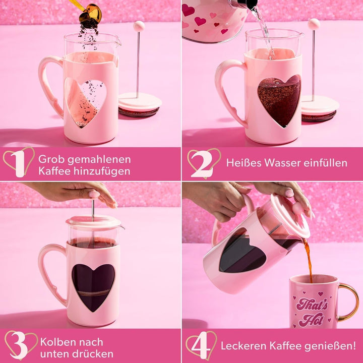 Paris Hilton - Presă franceză în formă de inimă 1 litru - Presă de cafea din sticlă și plastic cu filtru din oțel inoxidabil, mâner cool-touch, fără picurare, rezistent la temperatură, roșu sau roz