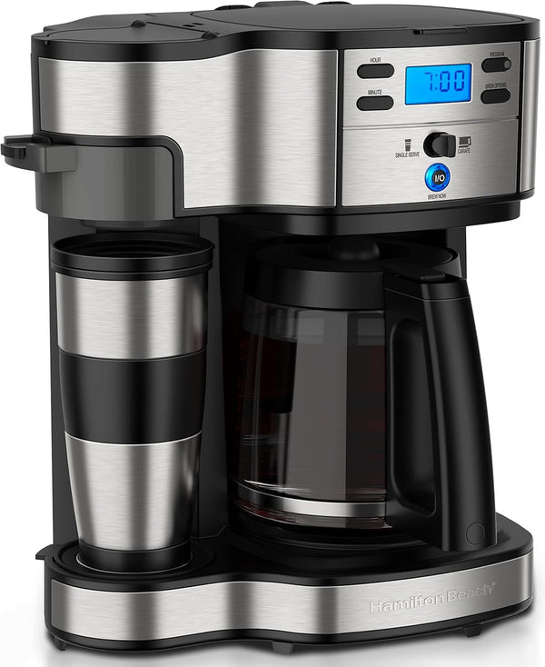 Hamilton Beach aparat de cafea cu sistem dublu de preparare, cu cană de călătorie, până la 12 cești de cafea, filtru programabil, aparat de cafea complet automat, 1,8 litri, negru (49980A-CE)